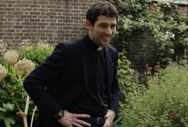 Still from Wake Up Dead Man movie featuring the main character wearing square G-Shock